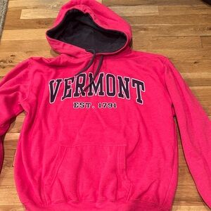 Vermont sweatshirt in a deep pink with a denim inside hood color. Size Small